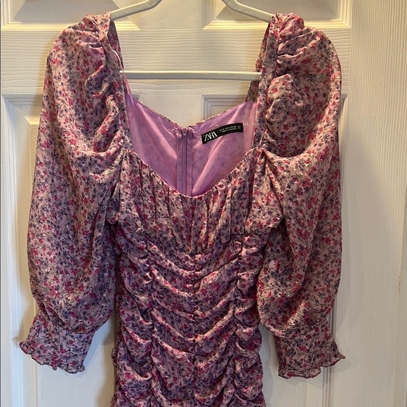 NWOT Zara Floral Ruched Pink Dress - Picture 2 of 10